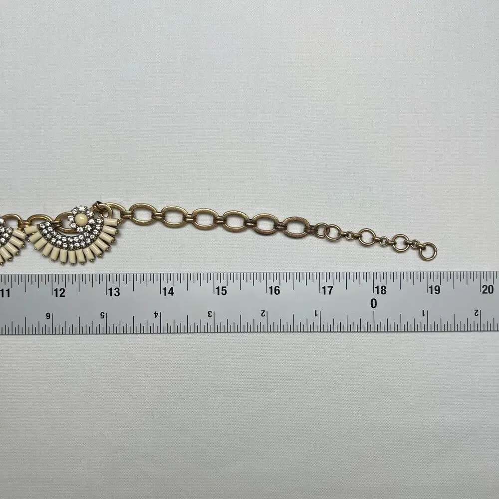 J. Crew‎ Fan Flower Statement Bib Necklace White Ivory Rhinestones Goldtone